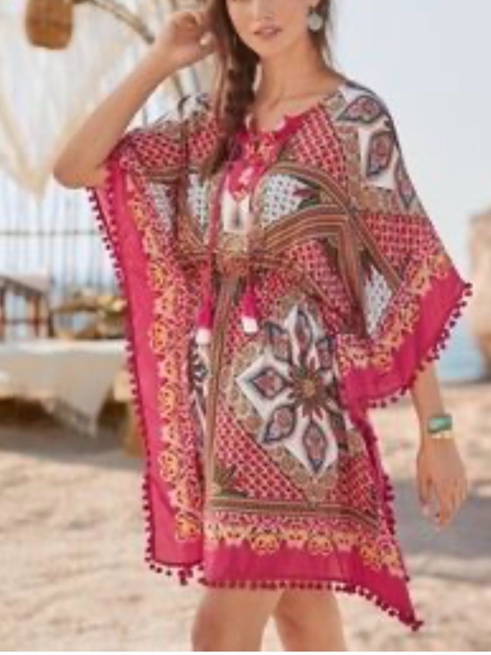 Sundance Boho Pom-Pom Tunic Dress Beach Cover Up